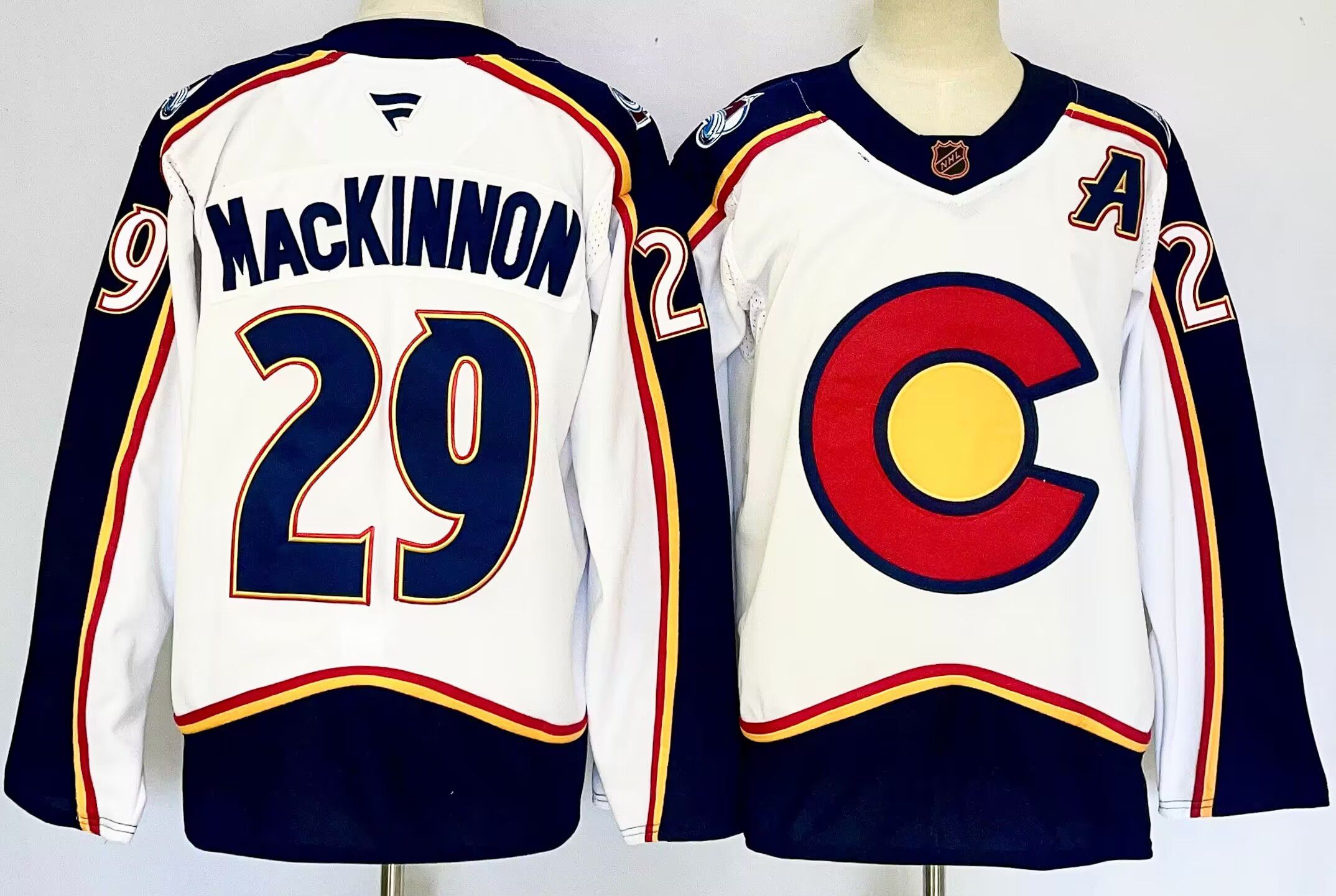 Men Colorado Avalanche #29 Mackinnon White 2025 Home Premier Player NHL Jersey